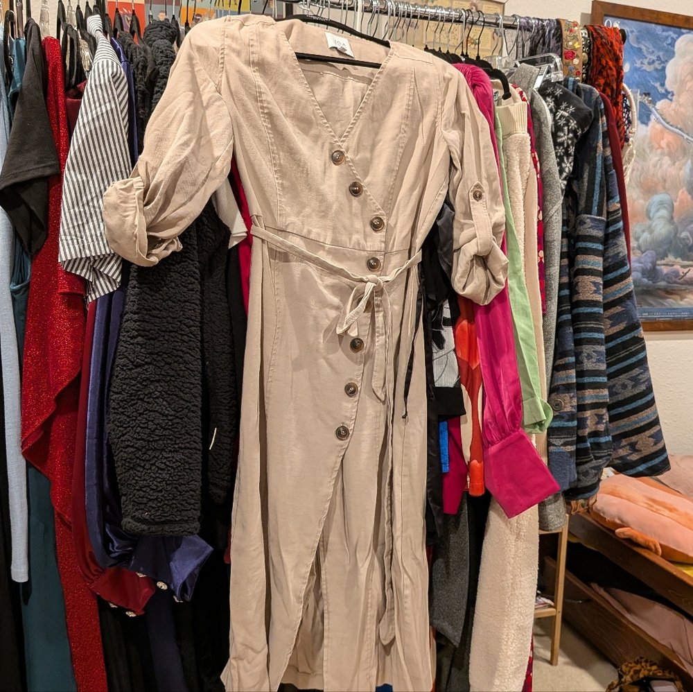 J.O.A. Beige Long Sleeve Button Dress - S